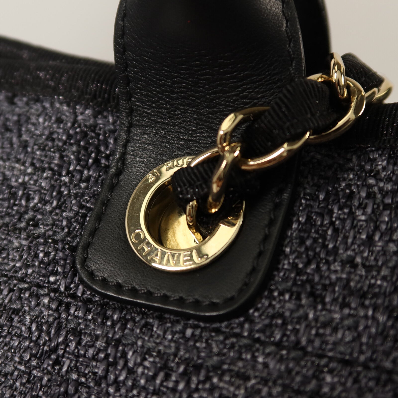 CHANEL 帆布Large Shopping Bag金扣鏈帶手挽肩背兩用袋