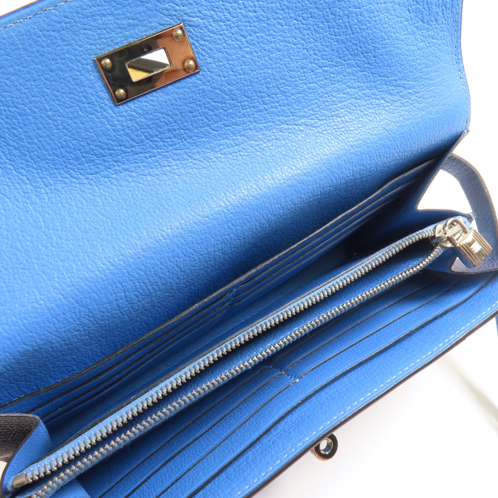 HERMES Epsom皮革Kelly Wallet銀扣長錢包Colvert Blue/Blue Nuit