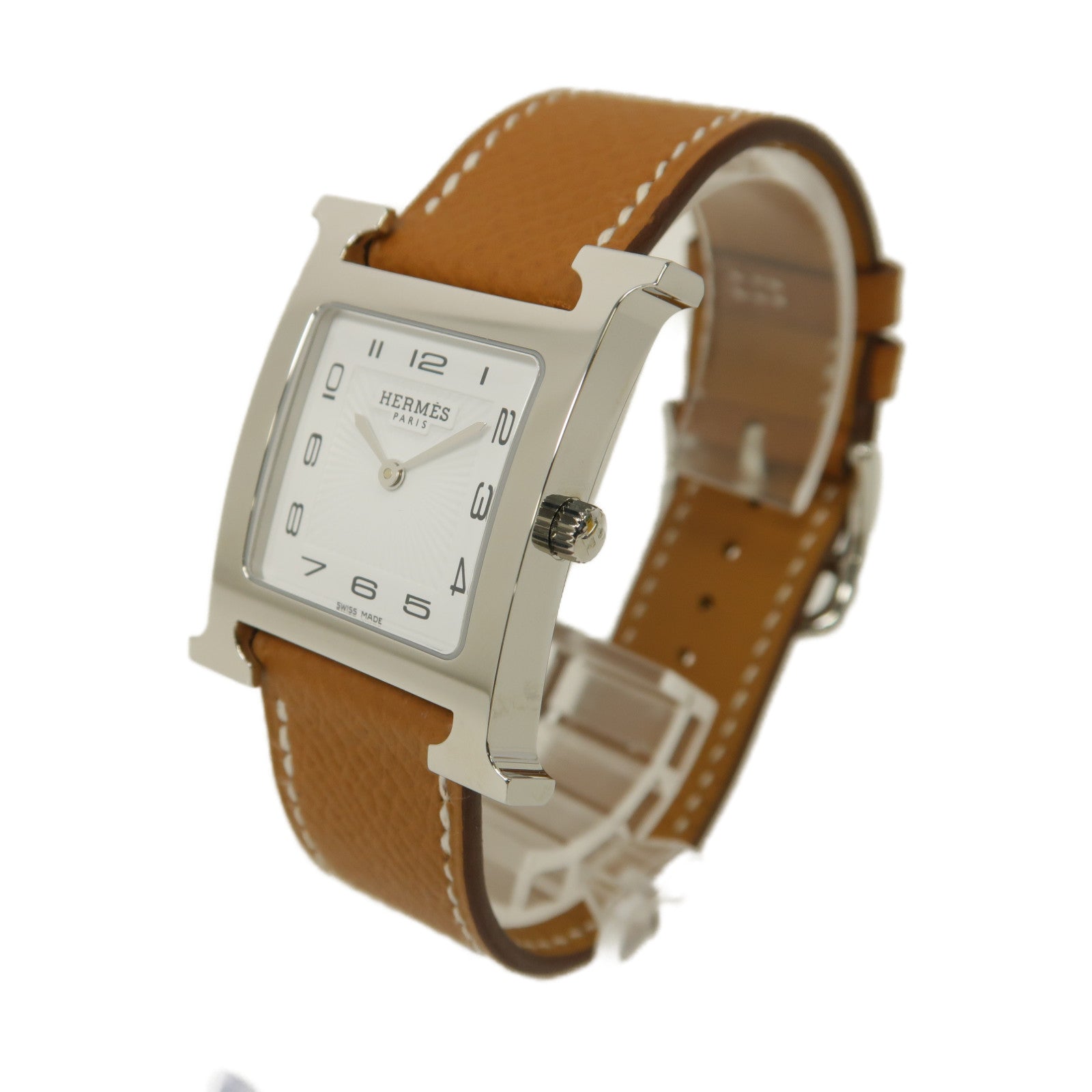 HERMES 不鏽鋼/皮革帶H Watch PM手錶石英機芯白色