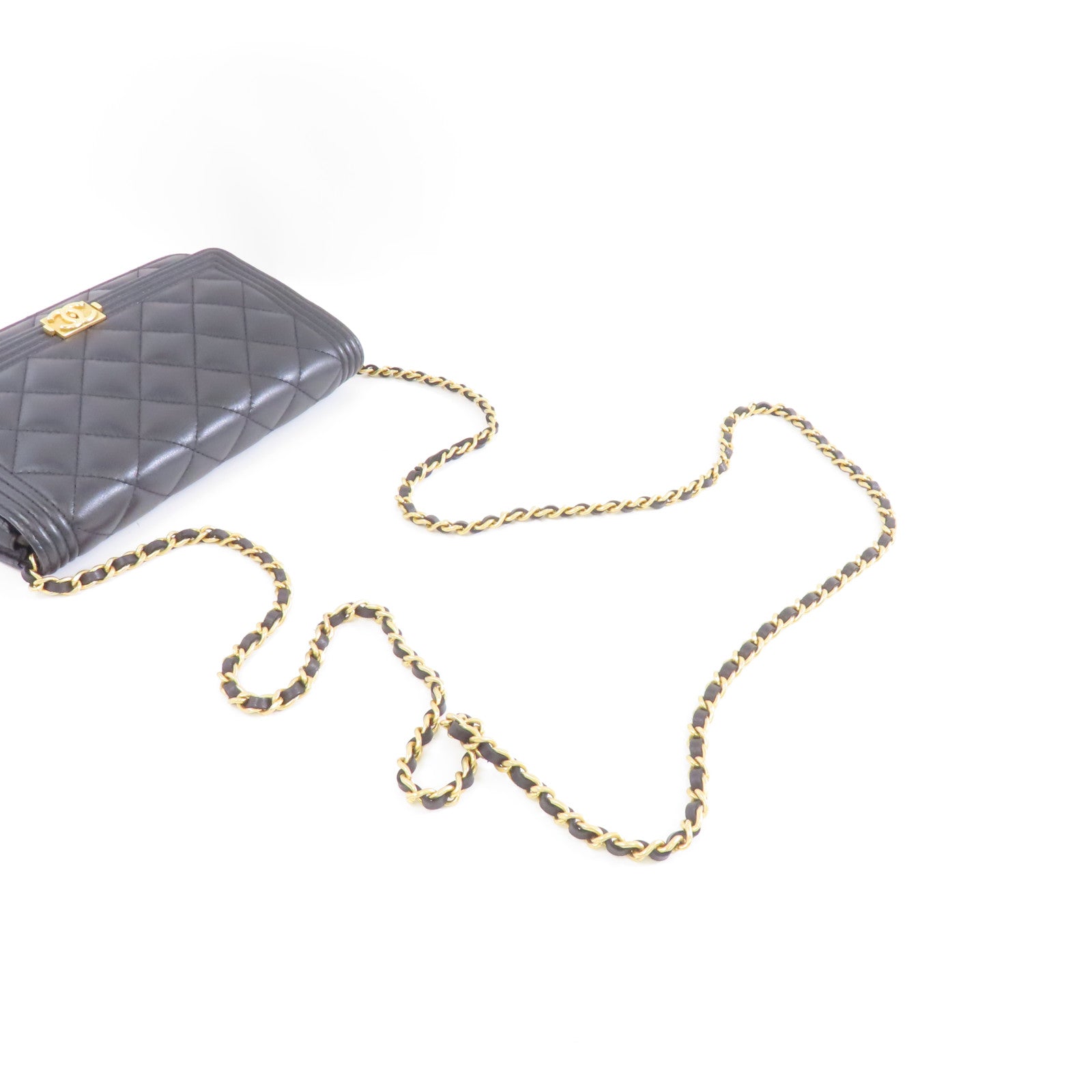 CHANEL 菱格羊皮皮革Boy Wallet On Chain金扣鏈帶肩背袋黑色