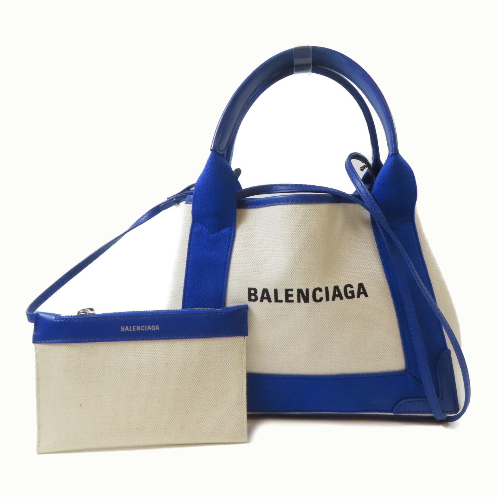 BALENCIAGA 帆布/皮革Xs Cabas銀扣手挽肩背兩用袋白色/藍色