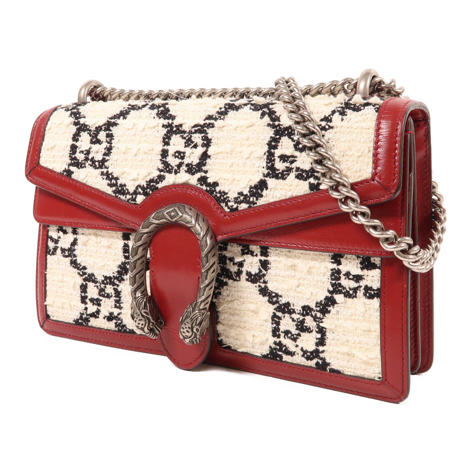 GUCCI 【激減優惠】Tweed/牛皮皮革Dionysus銀扣鏈帶肩背袋