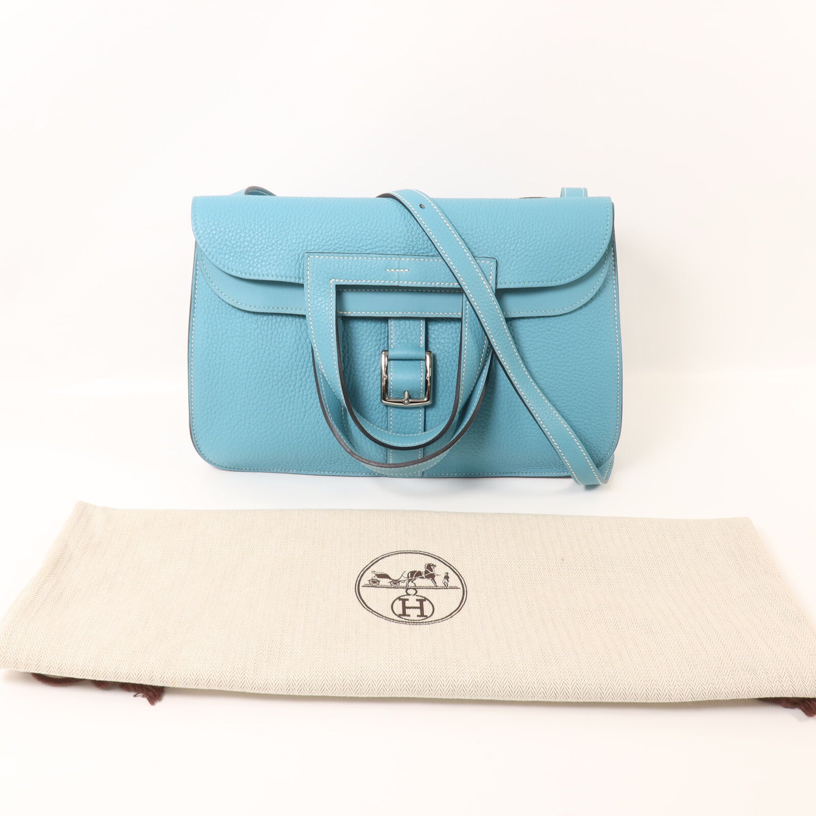 HERMES Clemence皮革Halzan 31手挽肩背兩用袋Bleu Saint Cyr