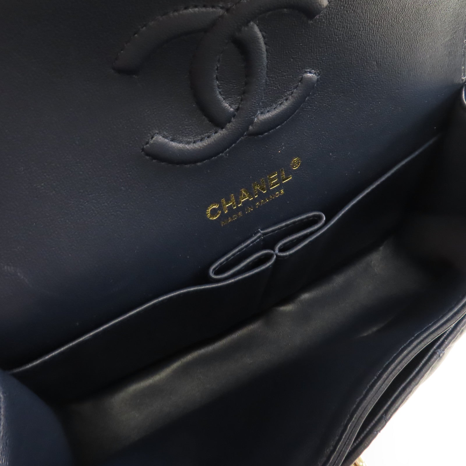 CHANEL 羊皮皮革Classic 23cm金扣鏈帶肩背袋深藍色