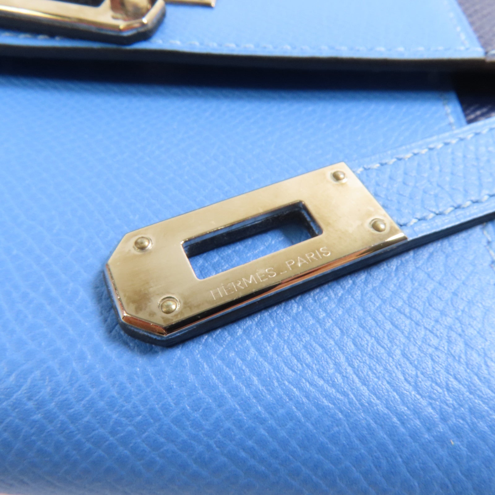 HERMES Epsom皮革Kelly Wallet銀扣長錢包Colvert Blue/Blue Nuit