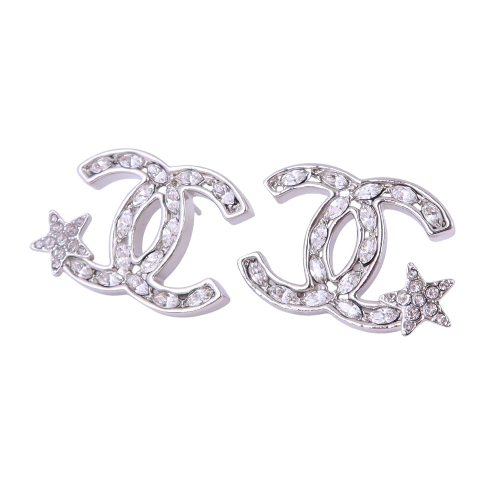 CHANEL 金屬/水鑽CC Earrings銀扣耳環