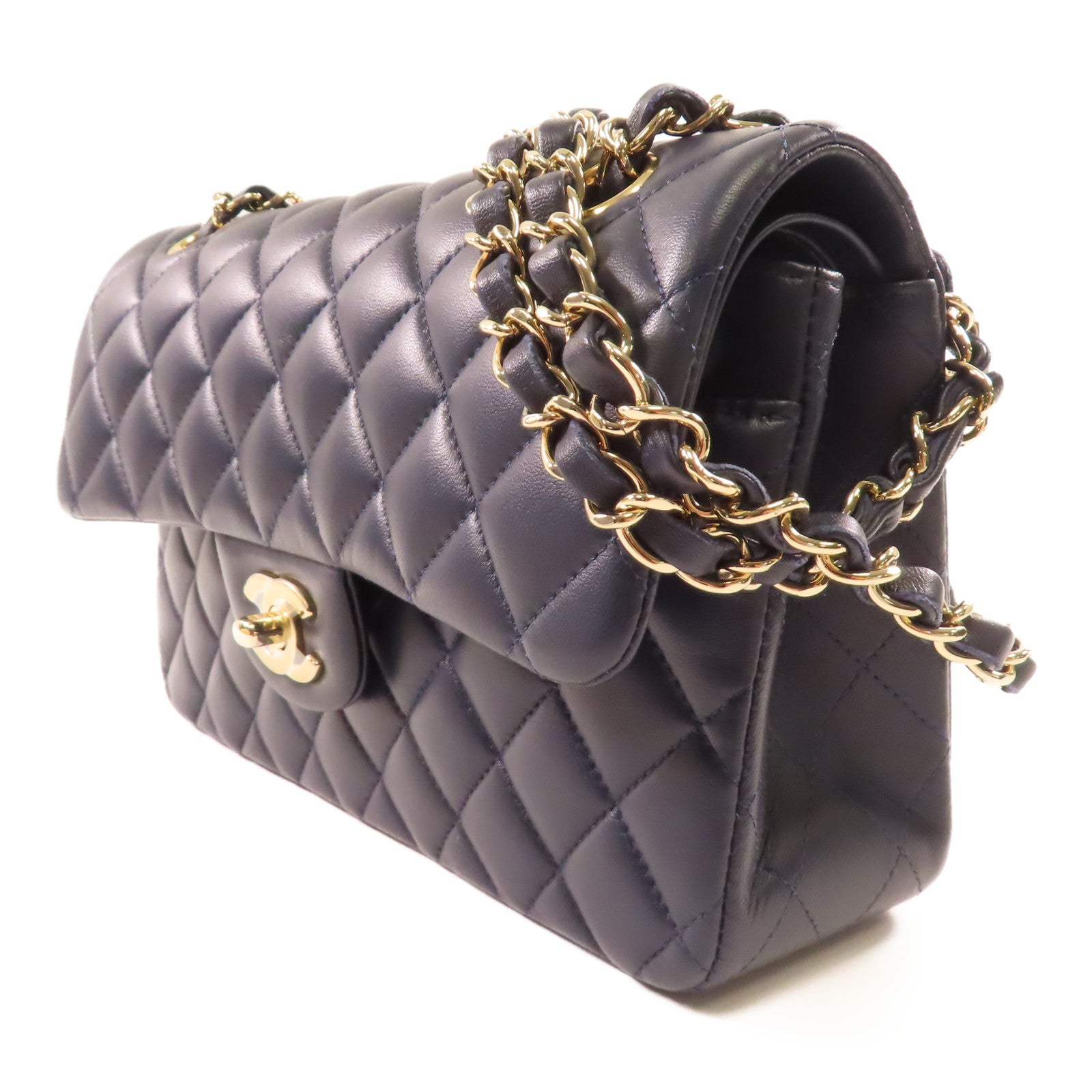 CHANEL 羊皮皮革Classic 23cm金扣鏈帶肩背袋深藍色