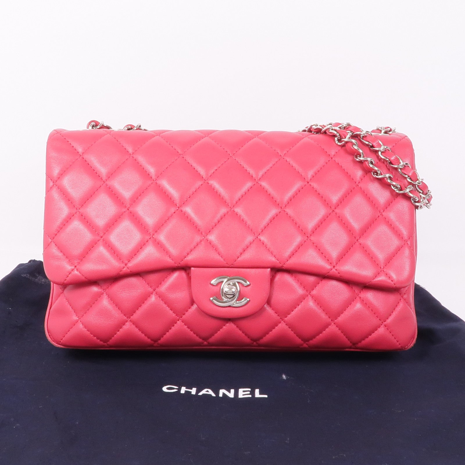 CHANEL 羊皮皮革Chain Shoulder銀扣鏈帶肩背袋