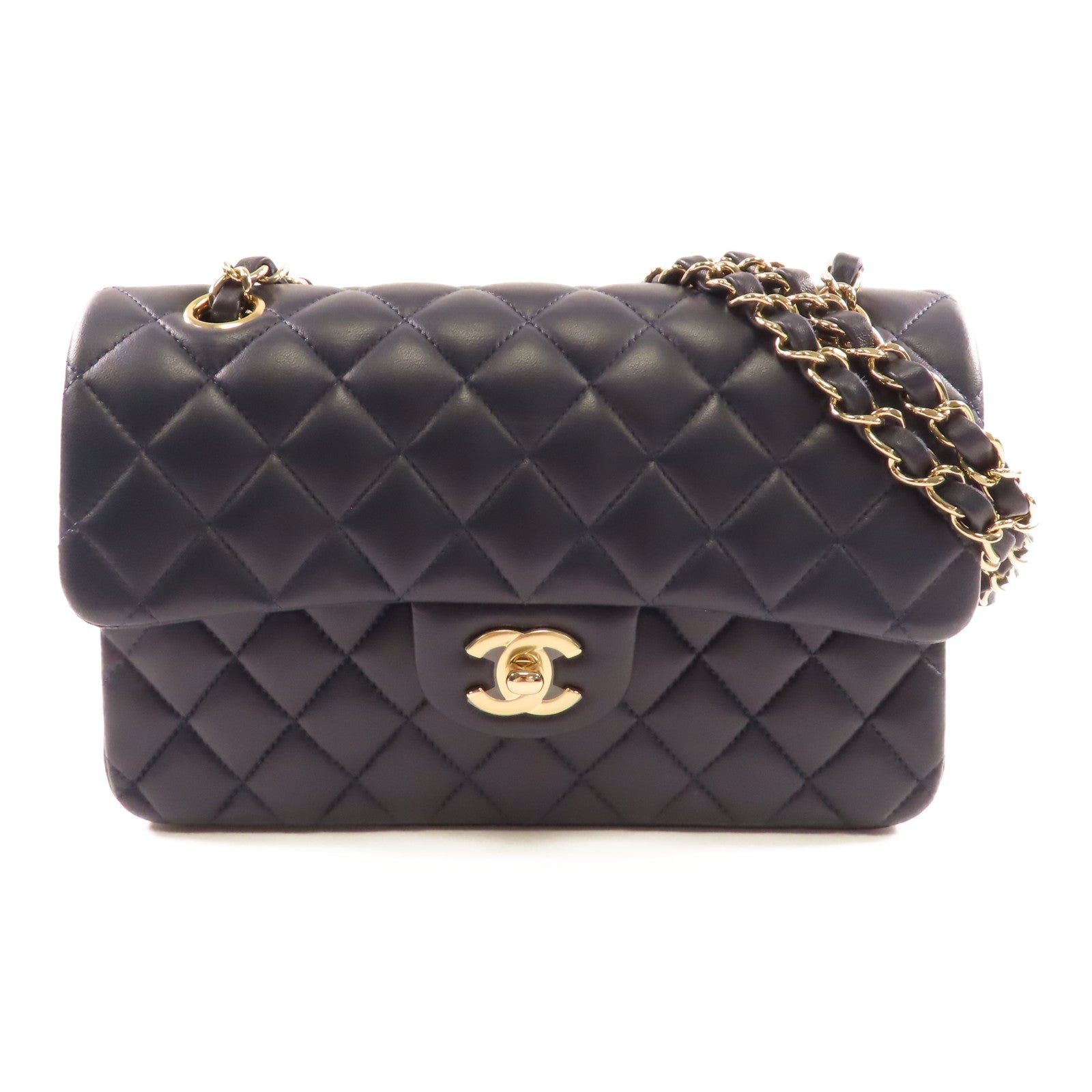 CHANEL 羊皮皮革Classic 23cm金扣鏈帶肩背袋深藍色