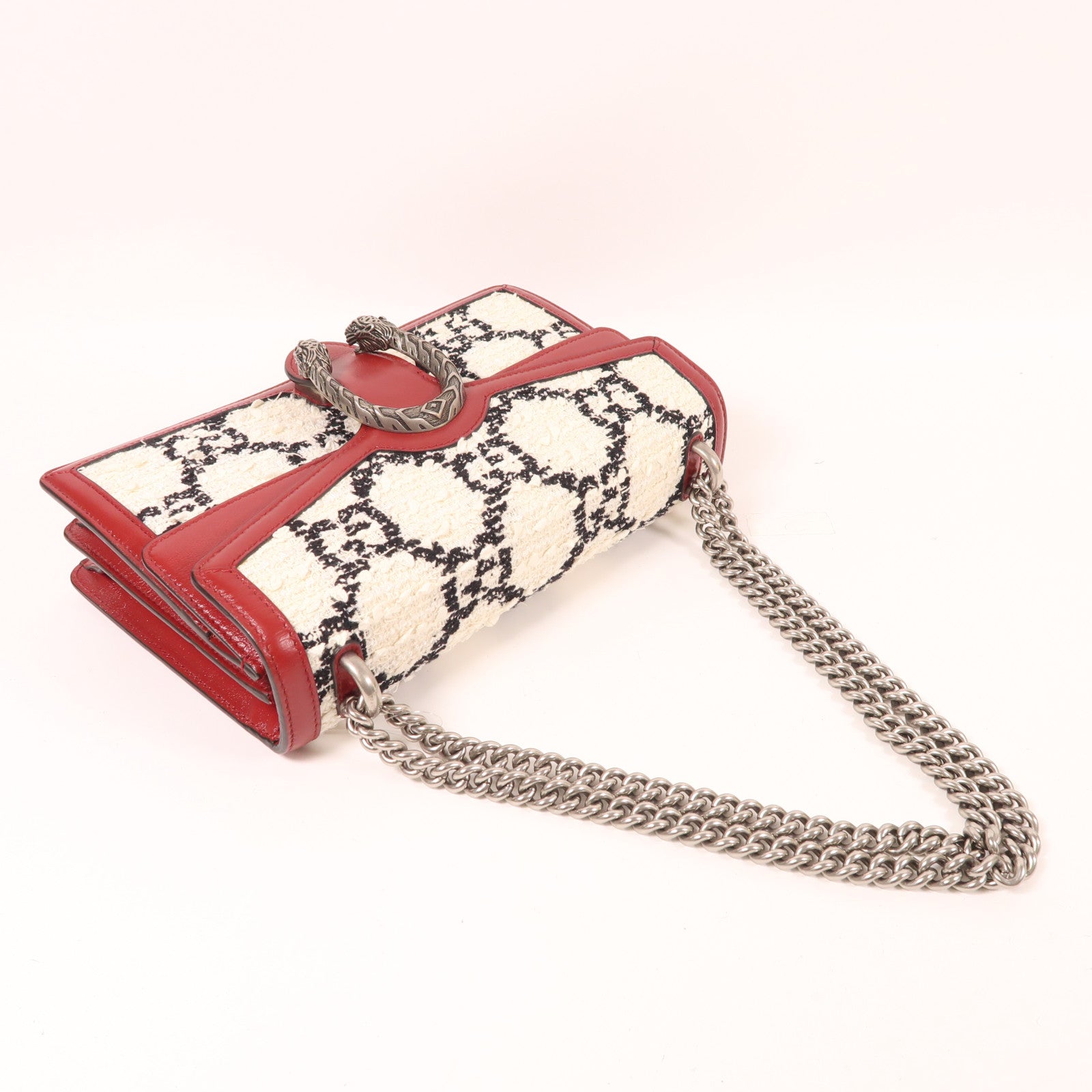 GUCCI Tweed/牛皮皮革Dionysus銀扣鏈帶肩背袋