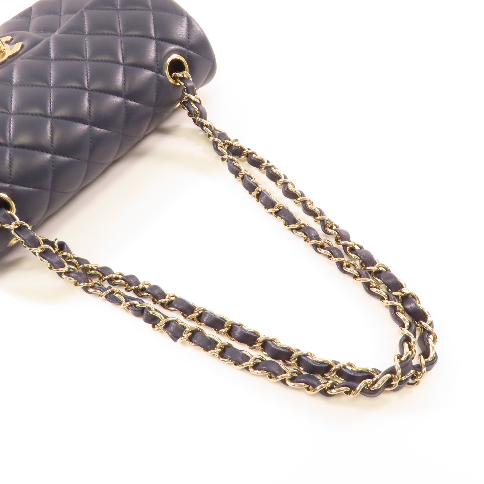 CHANEL 羊皮皮革Classic 23cm金扣鏈帶肩背袋深藍色