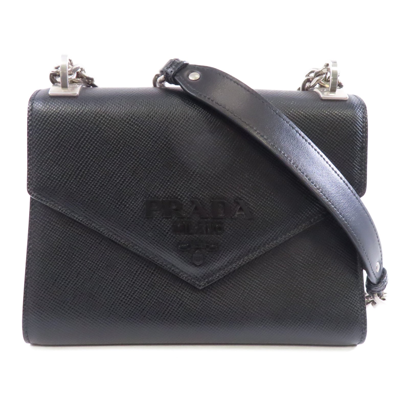 PRADA 牛皮皮革Chain Shoulder Bag銀扣鏈帶肩背袋黑色
