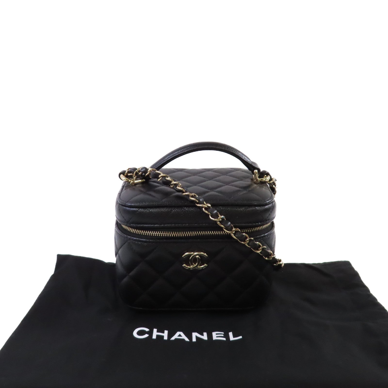 CHANEL 【激減優惠】菱格Caviar皮革Vanity Case 2Way Shoulder Bag金扣鏈帶手挽肩背兩用袋黑色