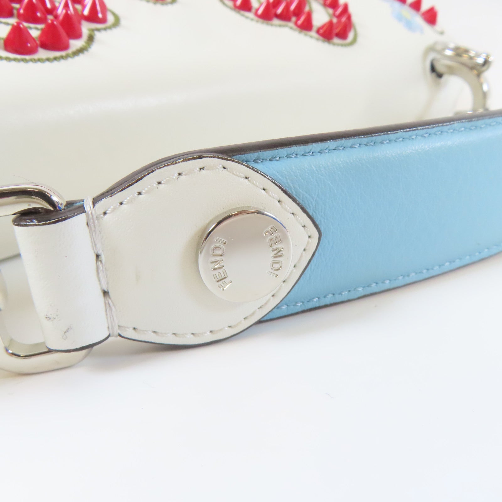 FENDI 牛皮皮革Shoulder Bag金扣/銀扣手挽肩背兩用袋白色/淺藍色
