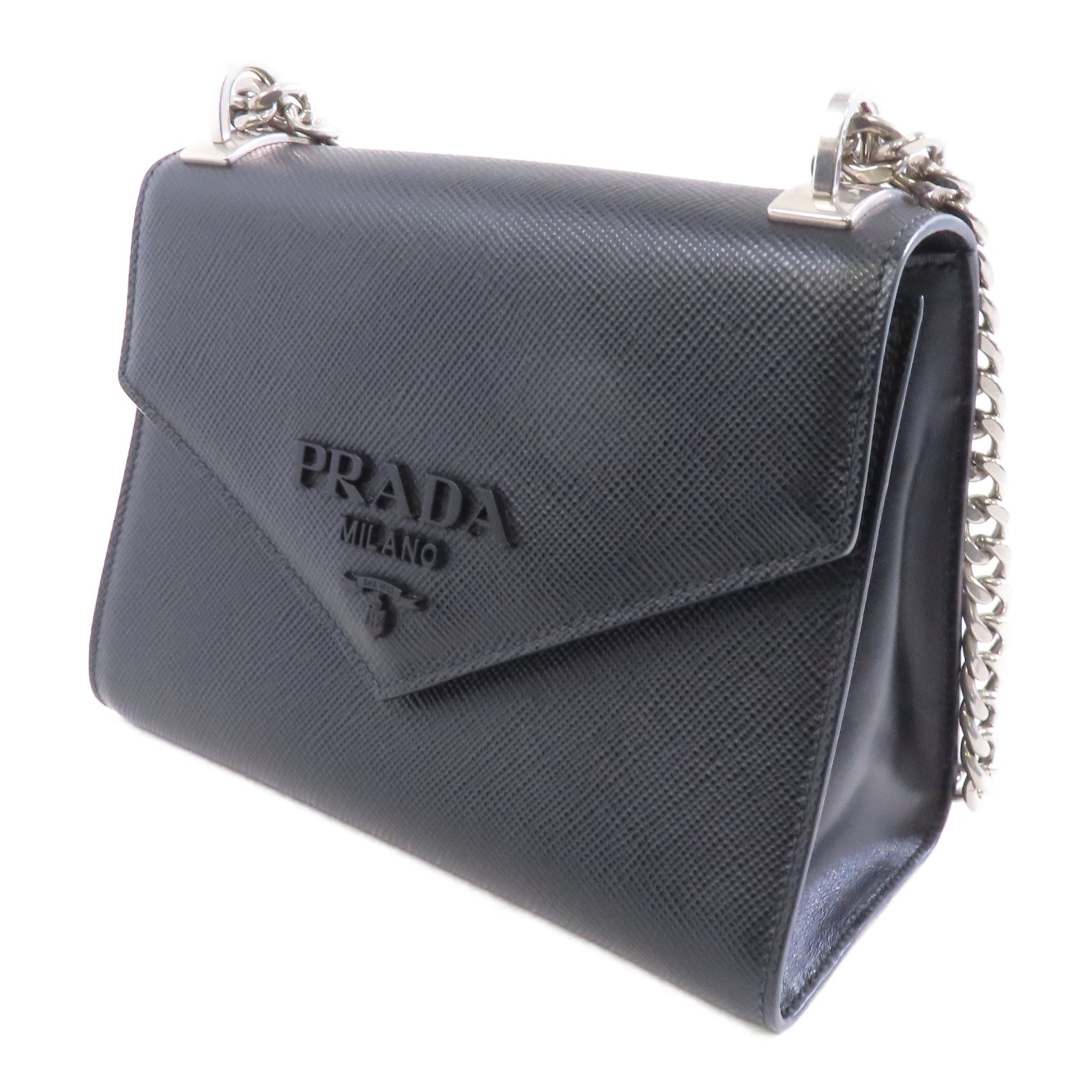 PRADA 牛皮皮革Chain Shoulder Bag銀扣鏈帶肩背袋黑色
