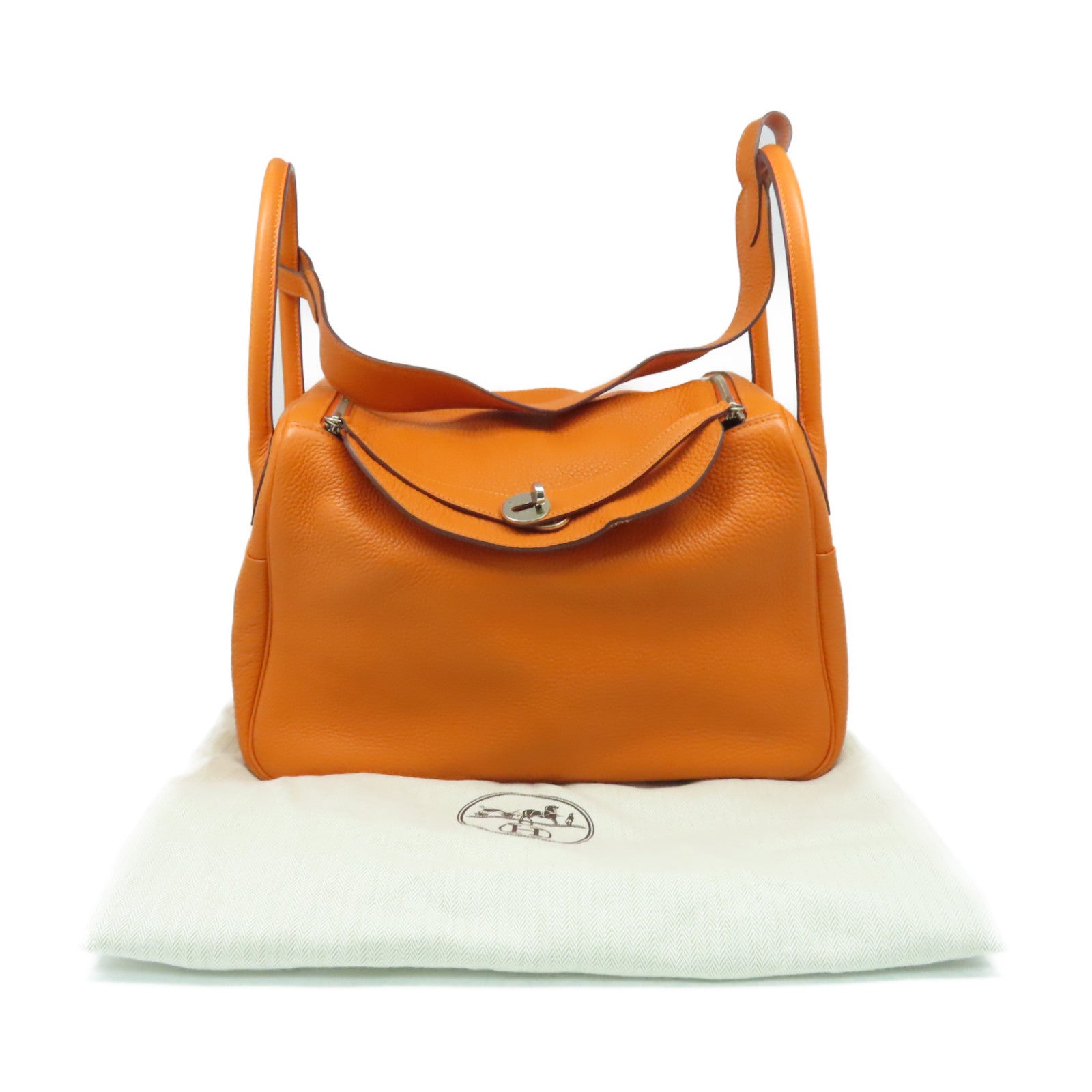 HERMES 【激減優惠】Clemence皮革Lindy 34 Shoulder Bag銀扣手挽肩背兩用袋Orange/橙色