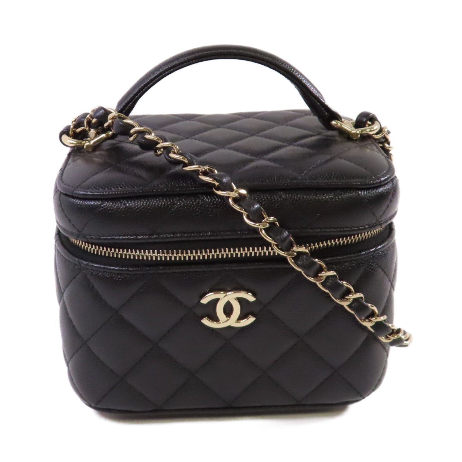 CHANEL 【激減優惠】菱格Caviar皮革Vanity Case 2Way Shoulder Bag金扣鏈帶手挽肩背兩用袋黑色