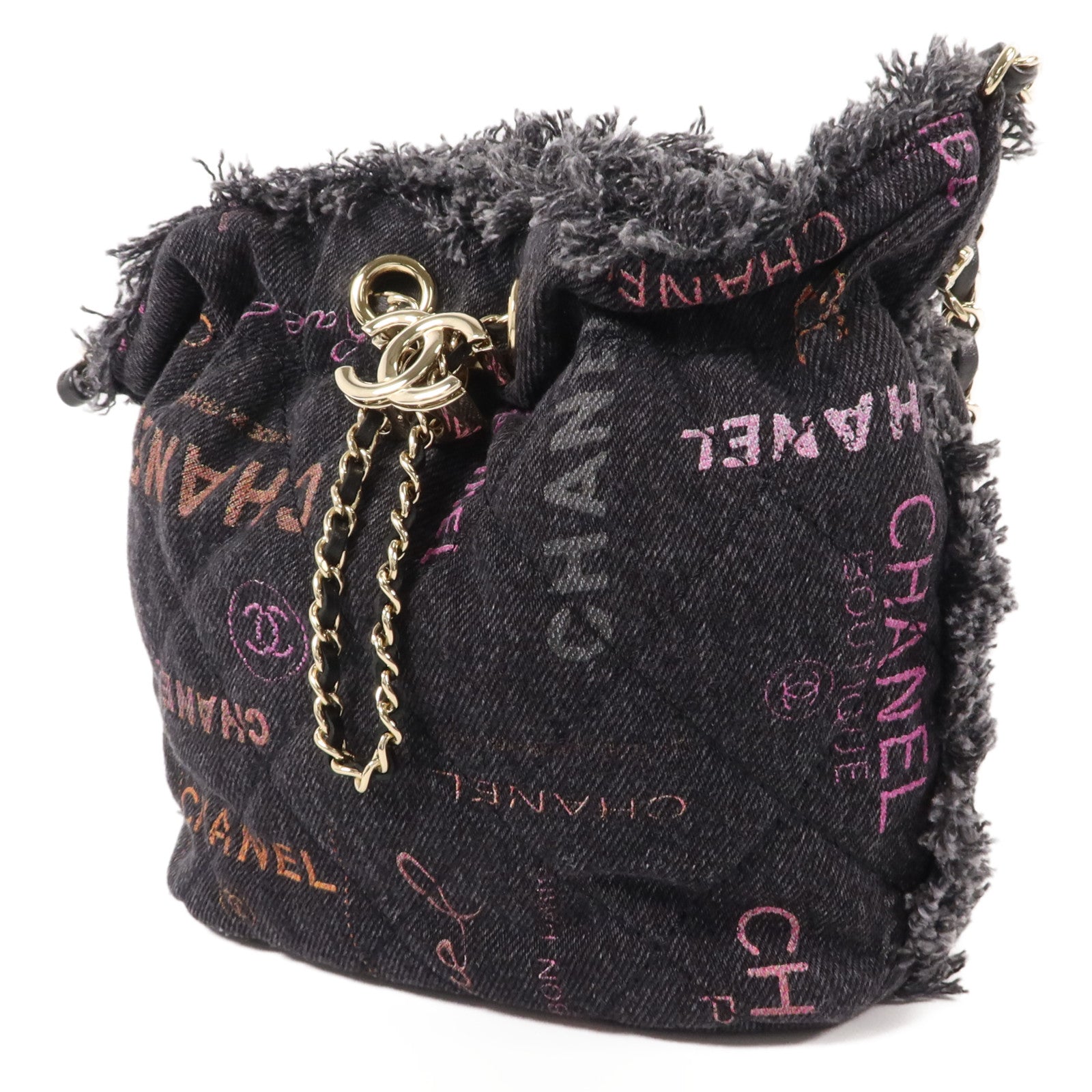 CHANEL 牛仔布料Mood Logo Printed Bucket鏈帶肩背袋