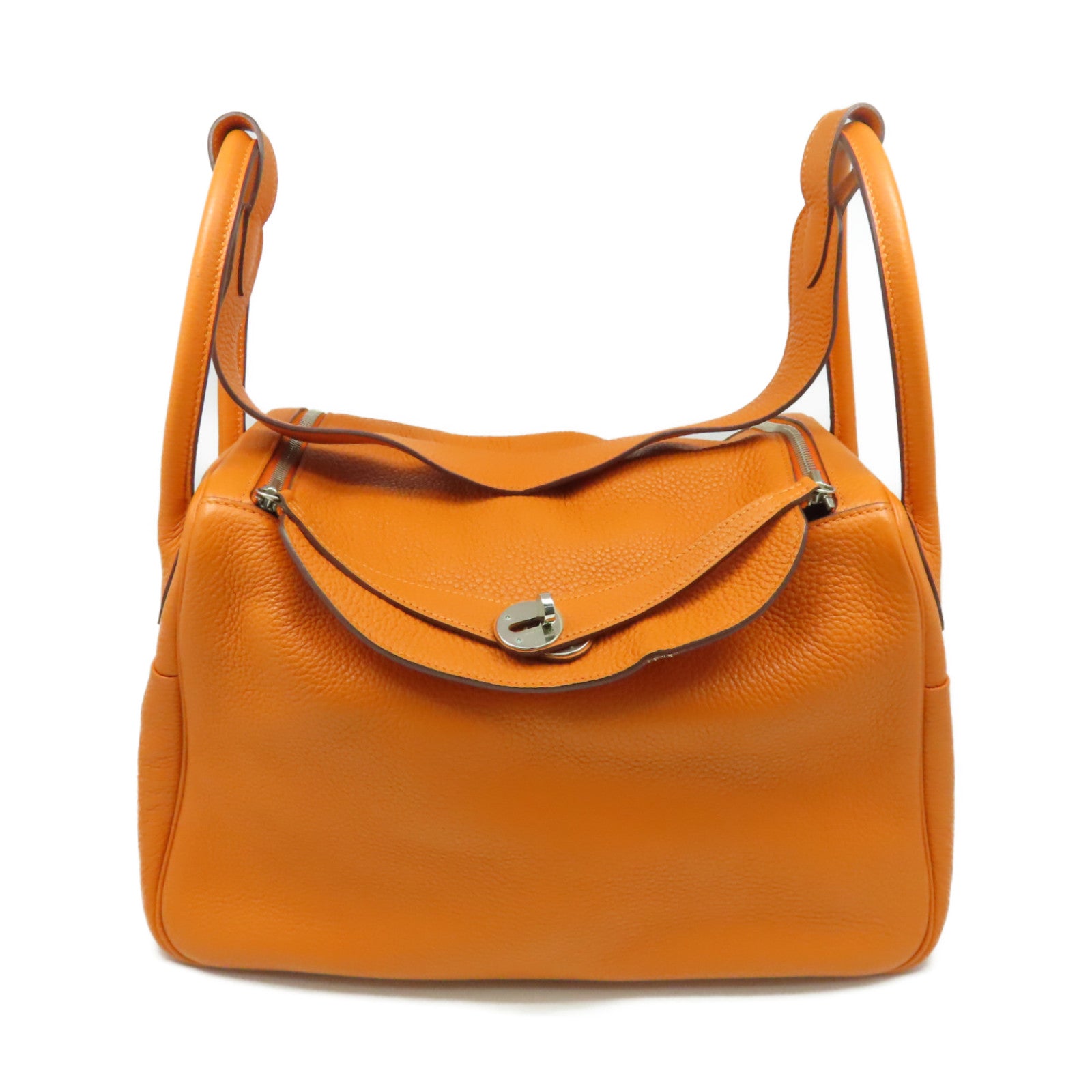 HERMES 【激減優惠】Clemence皮革Lindy 34 Shoulder Bag銀扣手挽肩背兩用袋Orange/橙色