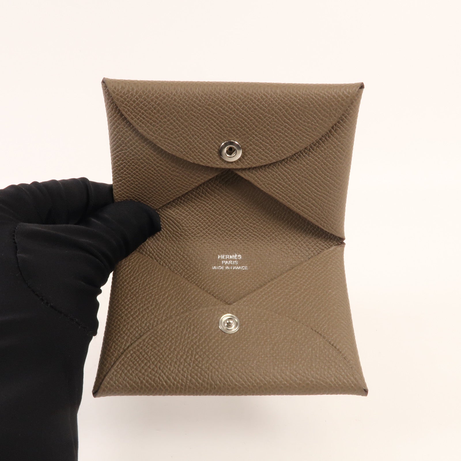 HERMES 【激減優惠】Epsom皮革Calvi Card Case銀扣卡套Etoupe