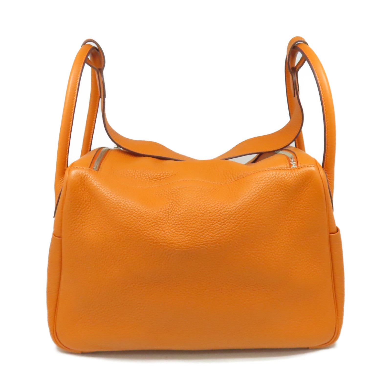 HERMES 【激減優惠】Clemence皮革Lindy 34 Shoulder Bag銀扣手挽肩背兩用袋Orange/橙色