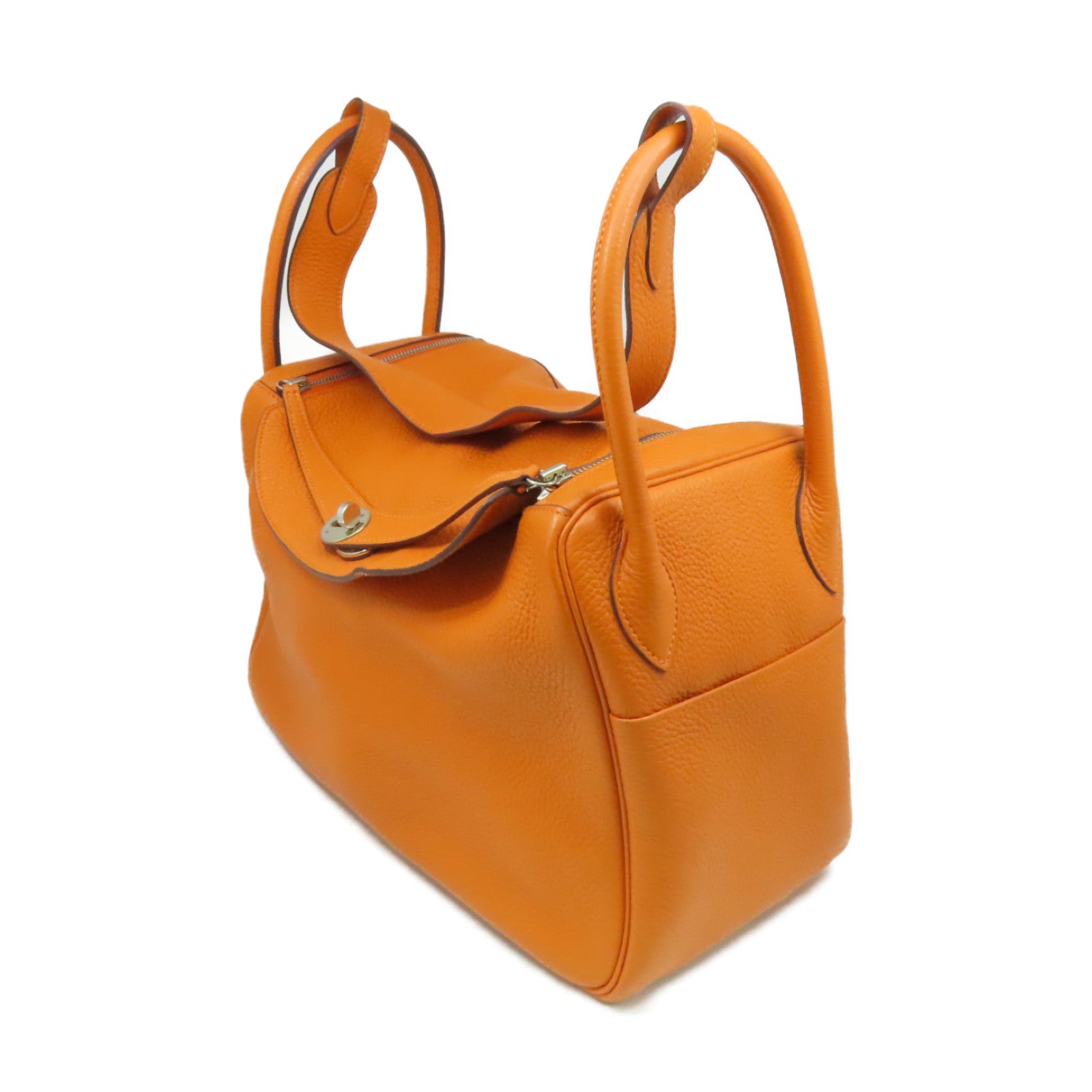 HERMES 【激減優惠】Clemence皮革Lindy 34 Shoulder Bag銀扣手挽肩背兩用袋Orange/橙色