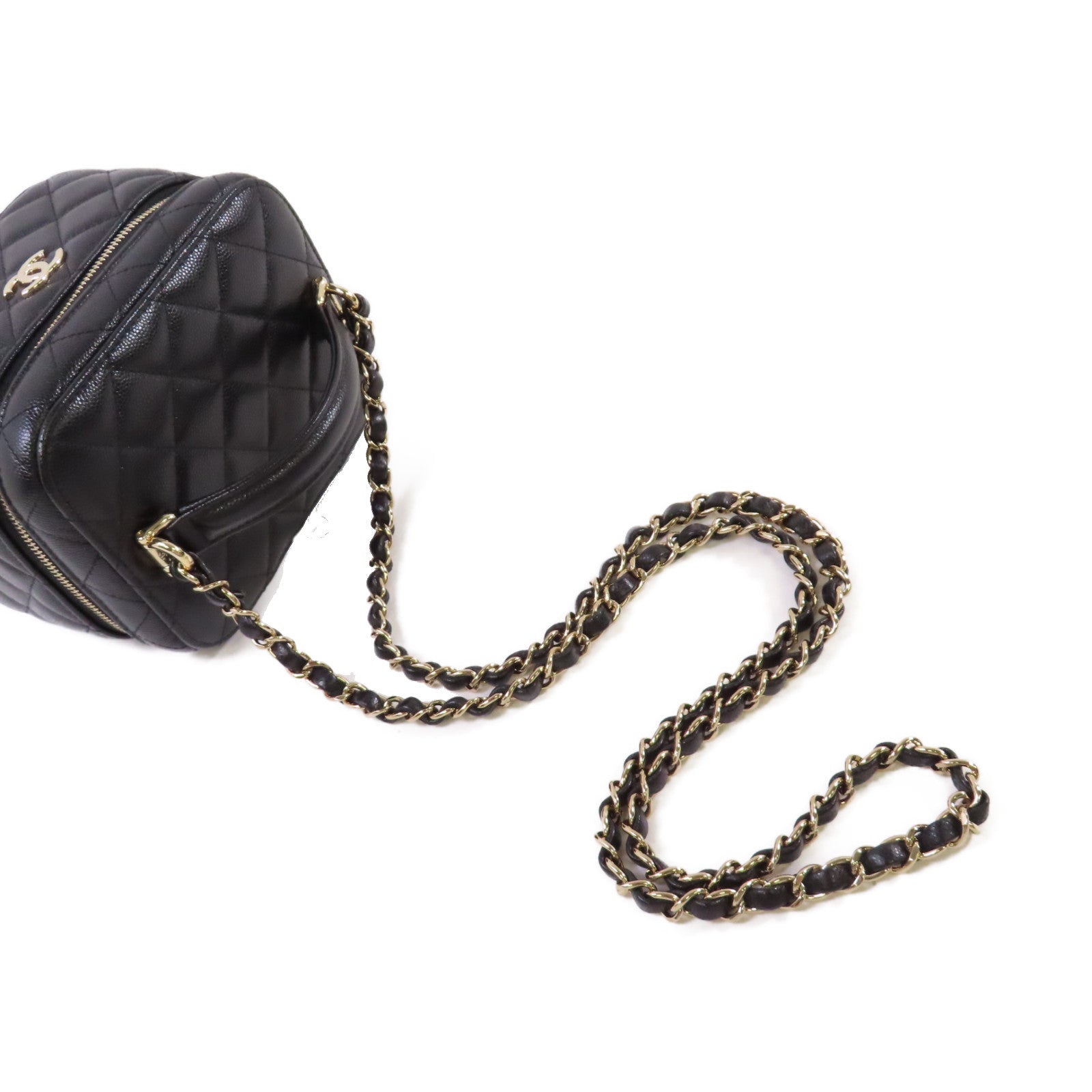 CHANEL 【激減優惠】菱格Caviar皮革Vanity Case 2Way Shoulder Bag金扣鏈帶手挽肩背兩用袋黑色