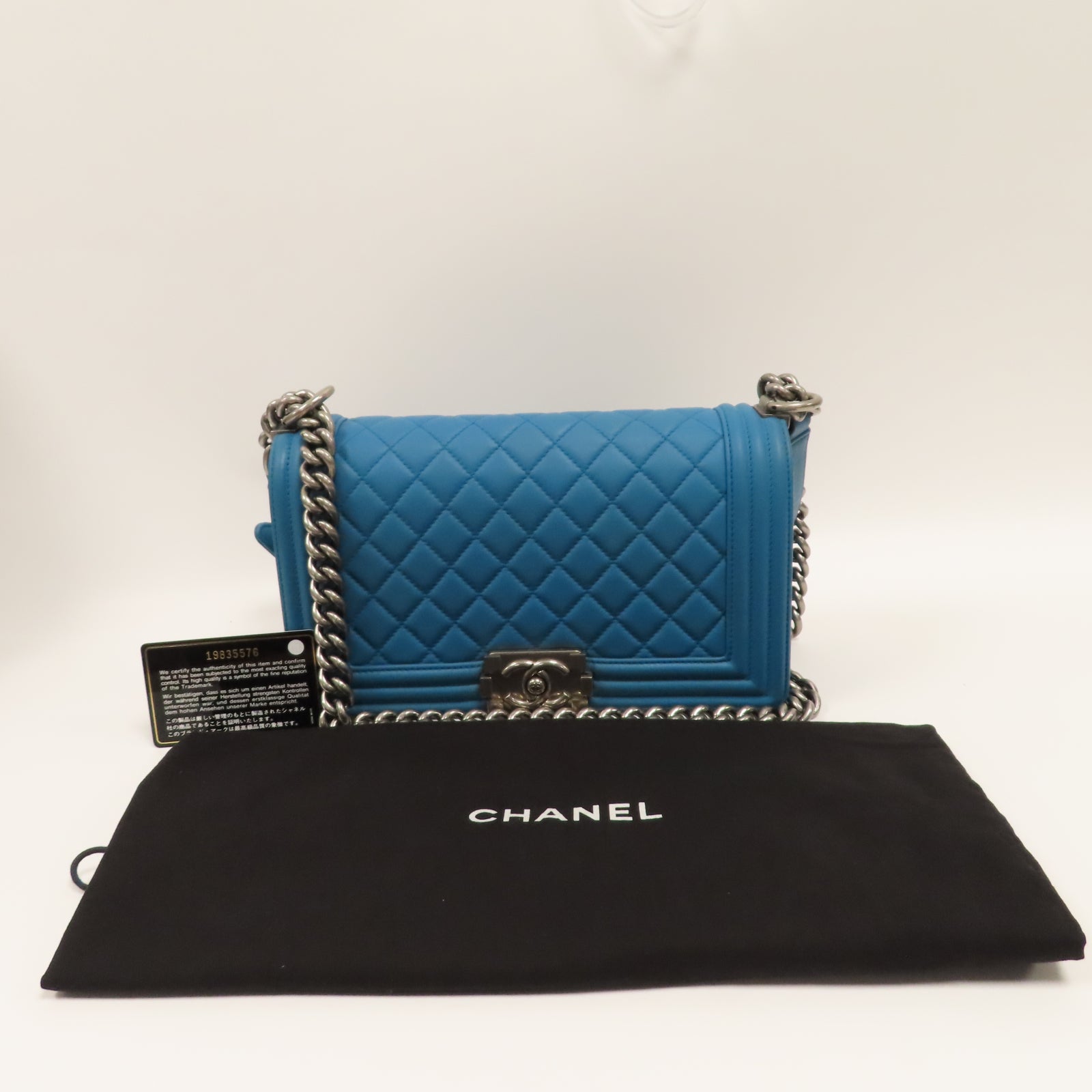CHANEL 【激減優惠】菱格羊皮皮革Boy 25cm銀扣鏈帶肩背袋藍色