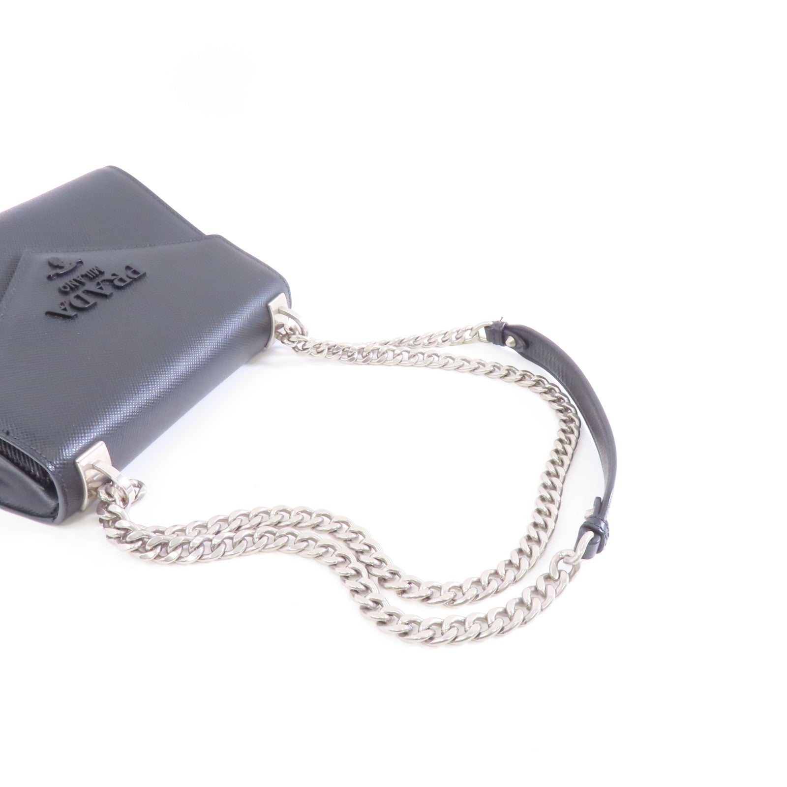 PRADA 牛皮皮革Chain Shoulder Bag銀扣鏈帶肩背袋黑色