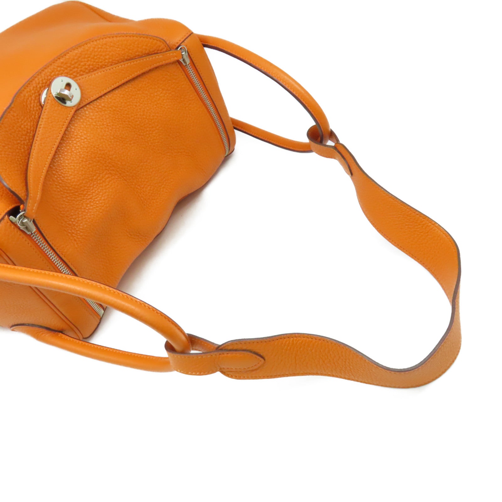 HERMES 【激減優惠】Clemence皮革Lindy 34 Shoulder Bag銀扣手挽肩背兩用袋Orange/橙色