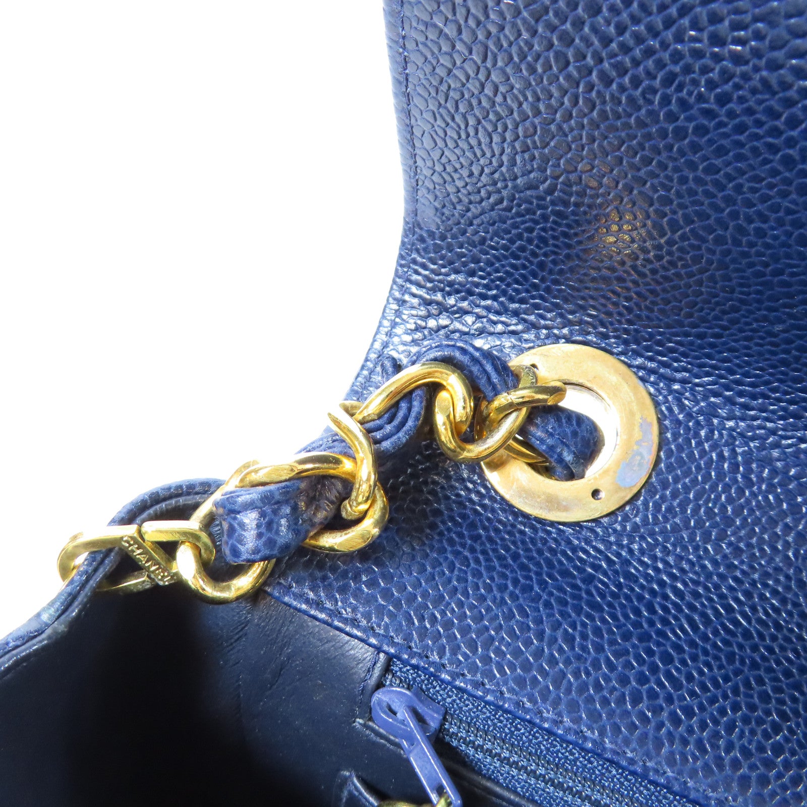 CHANEL 斜紋牛皮皮革Vintage Chain Shoulder Bag金扣鏈帶肩背袋藍色