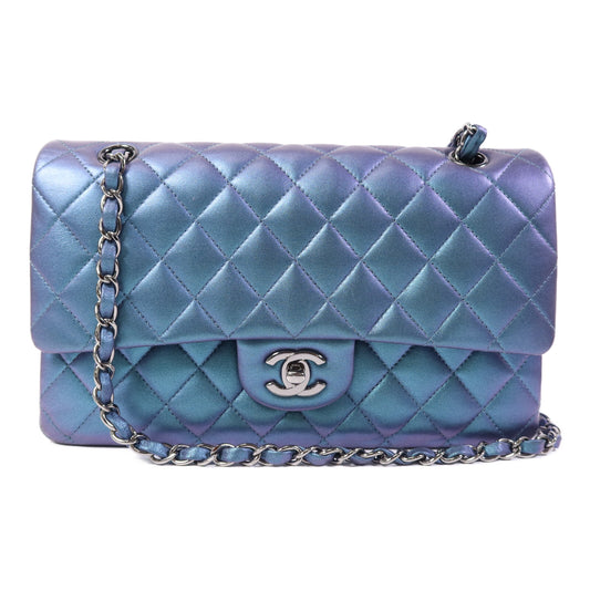 CHANEL 羊皮皮革Classic Flap Iridescent銀扣鏈帶肩背袋