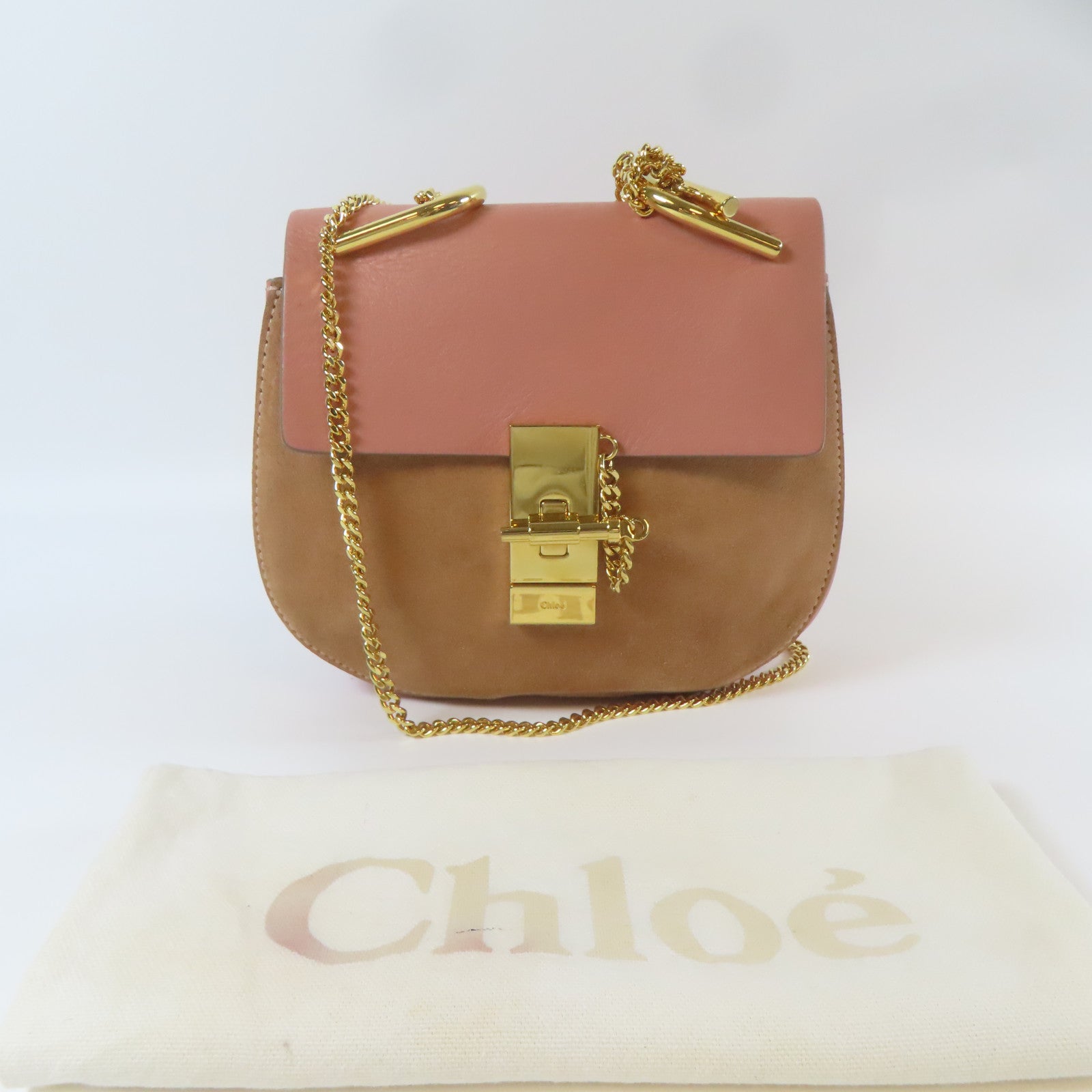 Chloe 【激減優惠】皮革/絨布Chain Shoulder金扣鏈帶肩背袋粉紅色/啡色