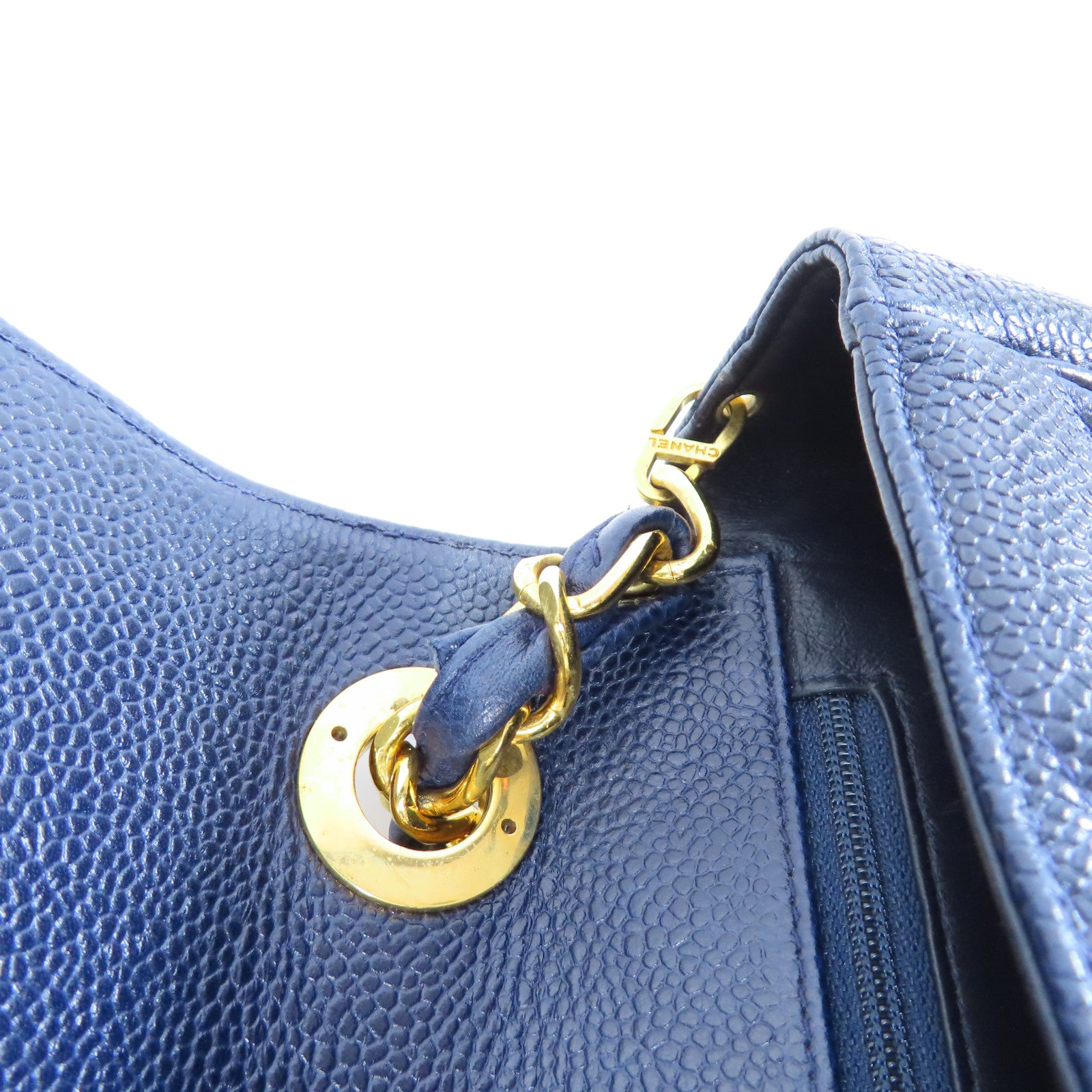 CHANEL 斜紋牛皮皮革Vintage Chain Shoulder Bag金扣鏈帶肩背袋藍色