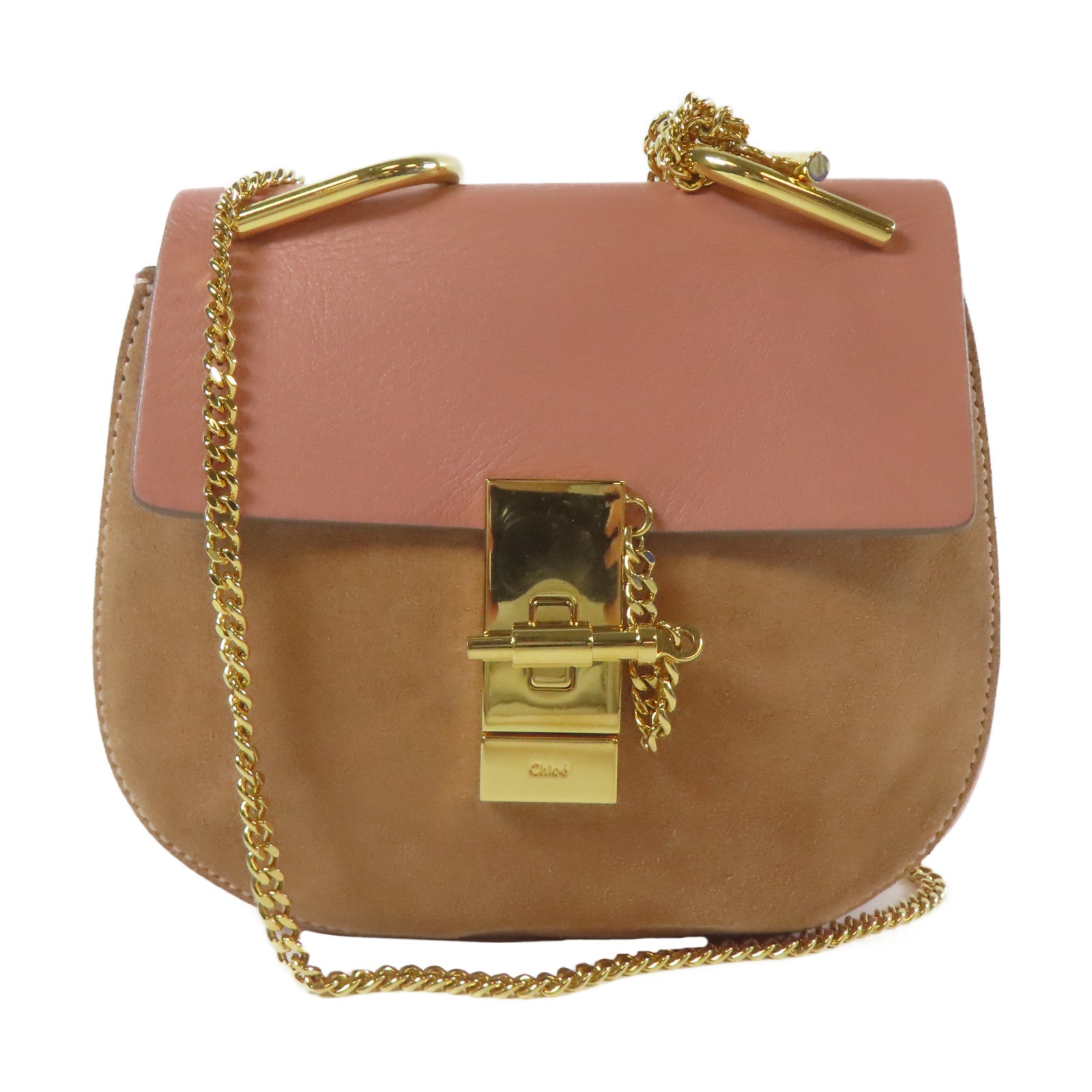 Chloe 【激減優惠】皮革/絨布Chain Shoulder金扣鏈帶肩背袋粉紅色/啡色