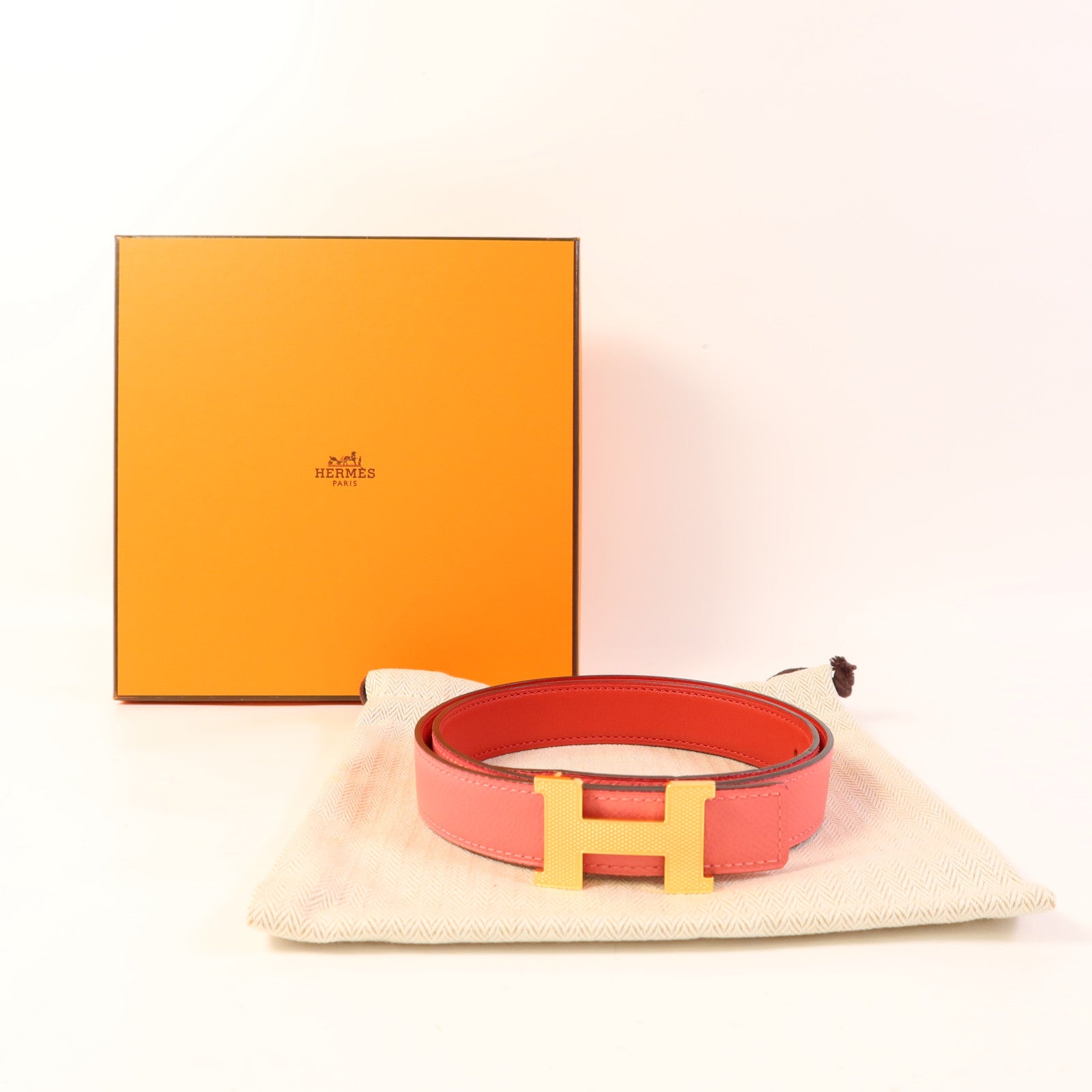 HERMES 【激減優惠】Epsom/Swift皮革Mini Constance Belt金扣皮帶Pink/Red