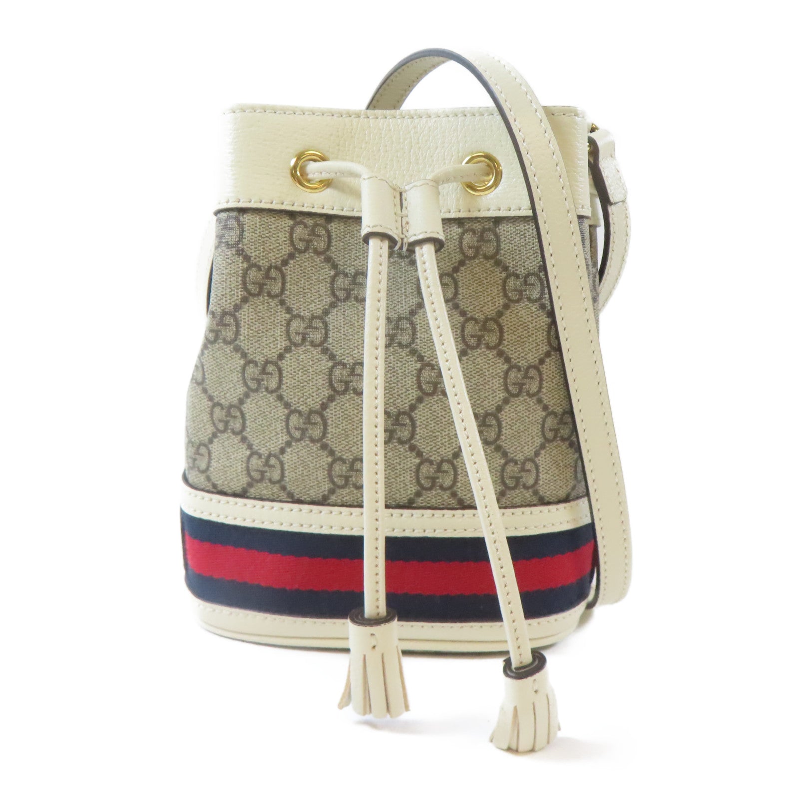 GUCCI 塗層帆布Ophidia GG Mini Bucket金扣肩背袋啡色/白色