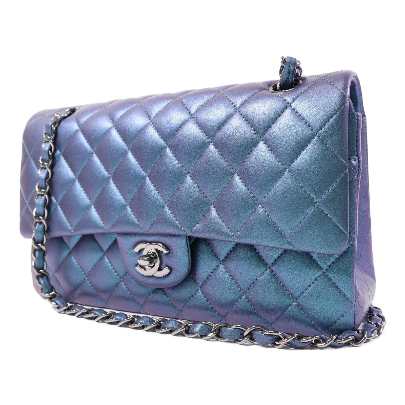 CHANEL 羊皮皮革Classic Flap Iridescent銀扣鏈帶肩背袋