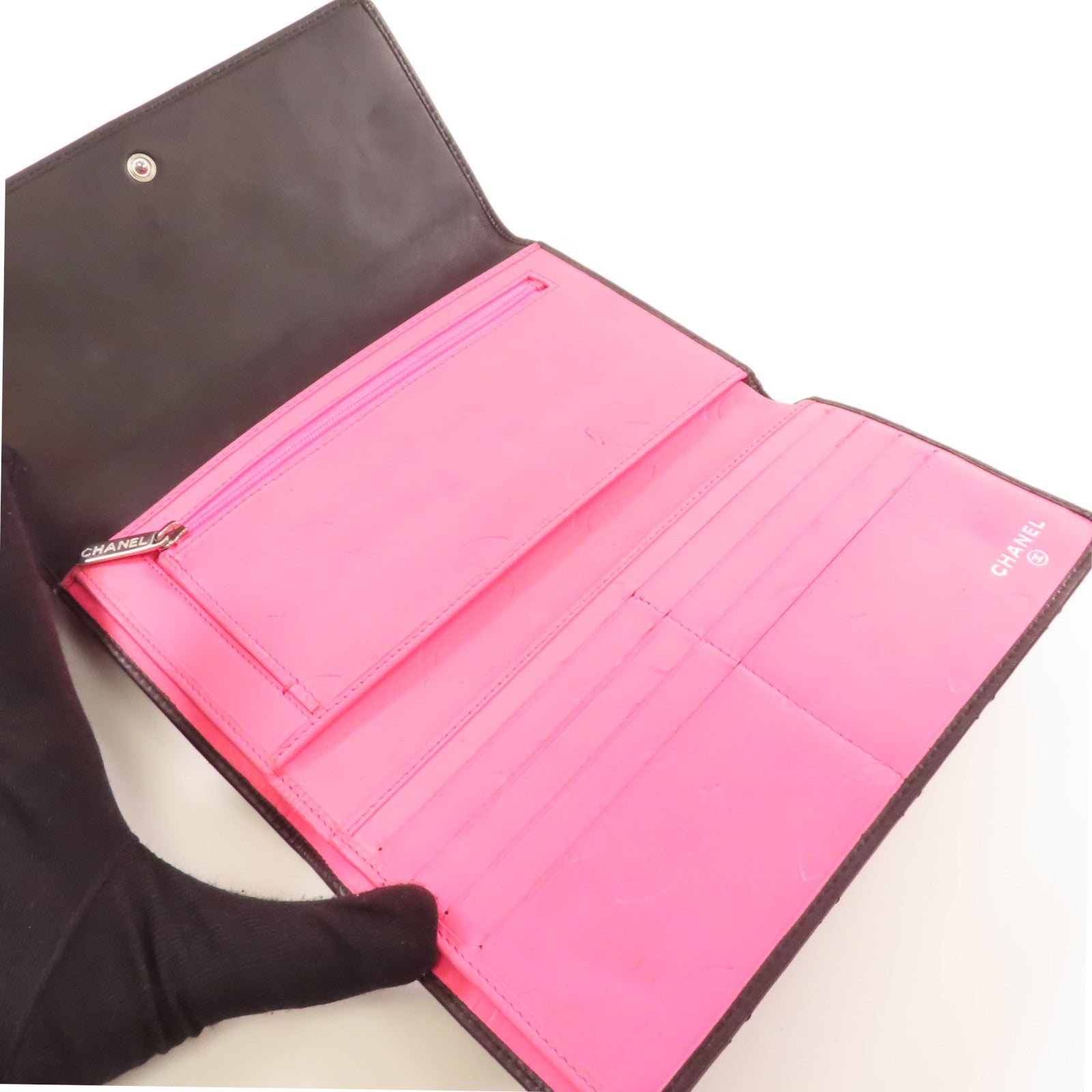 CHANEL 菱格牛皮皮革Cambon Wallet銀扣長錢包黑色