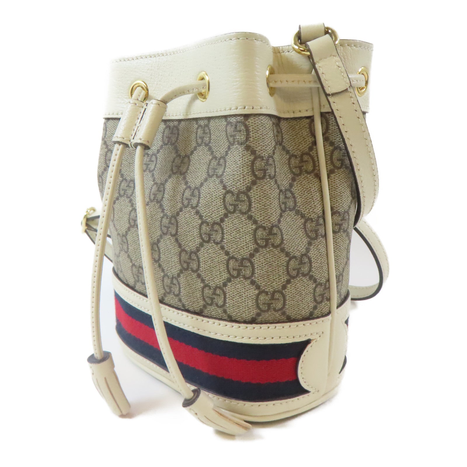 GUCCI 塗層帆布Ophidia GG Mini Bucket金扣肩背袋啡色/白色