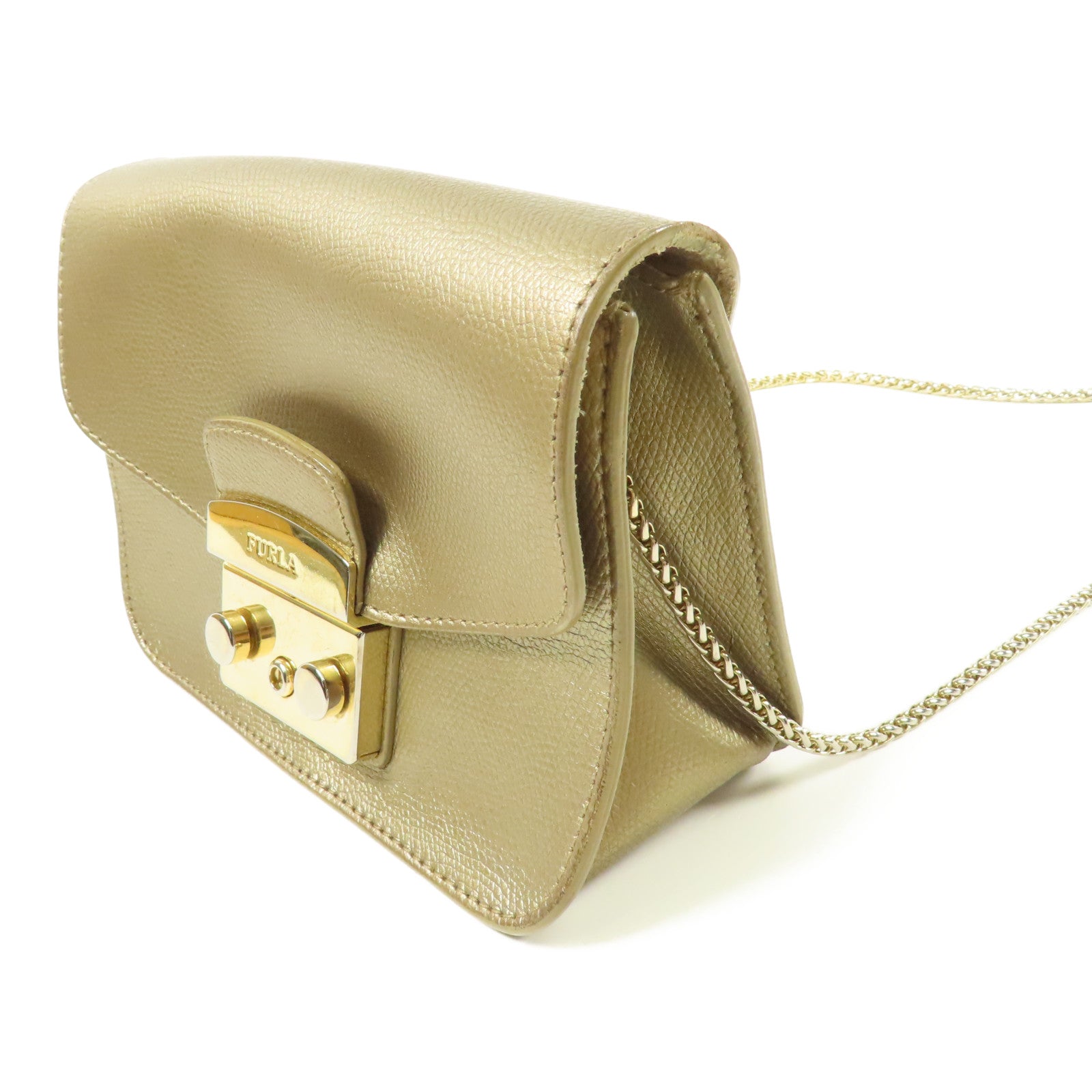 Furla 牛皮皮革Chain Shoulder金扣鏈帶肩背袋