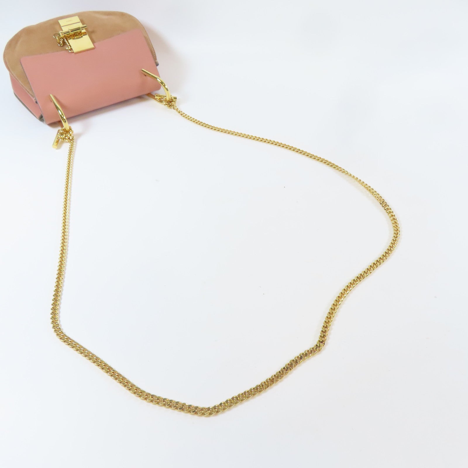 Chloe 【激減優惠】皮革/絨布Chain Shoulder金扣鏈帶肩背袋粉紅色/啡色