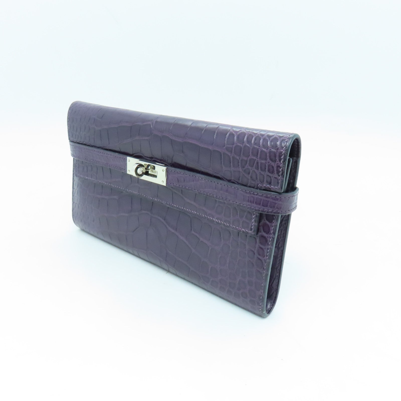 HERMES Alligator Mat Kelly Wallet Silver Buckle Long Wallet Beijing Purple