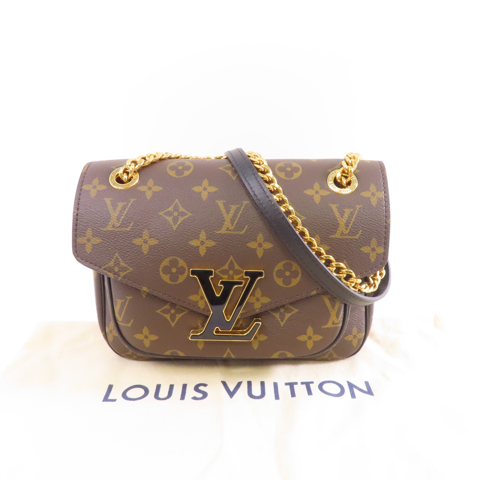 LOUIS VUITTON Monogram Passy金扣鏈帶肩背袋棕色