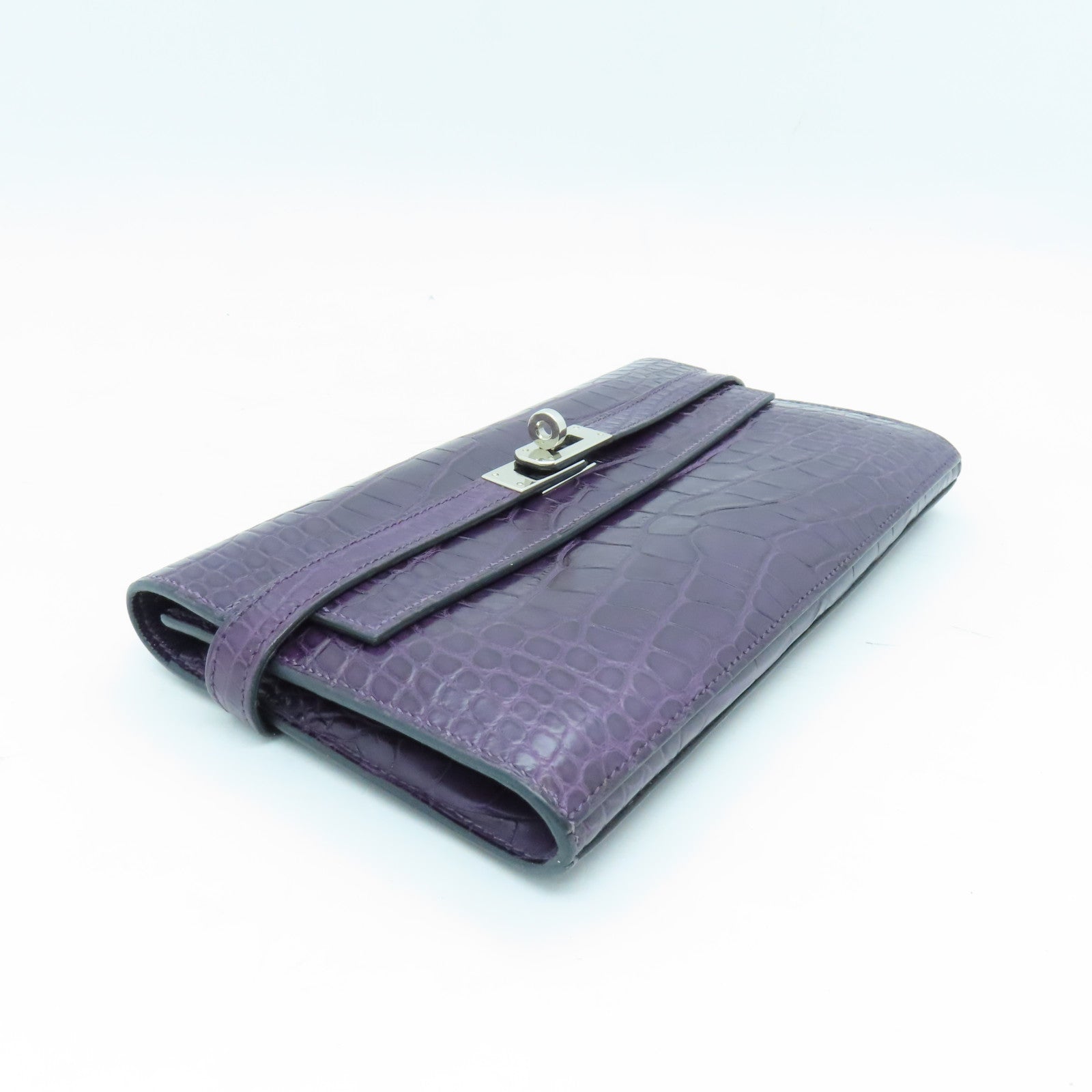 HERMES Alligator Mat Kelly Wallet Silver Buckle Long Wallet Beijing Purple