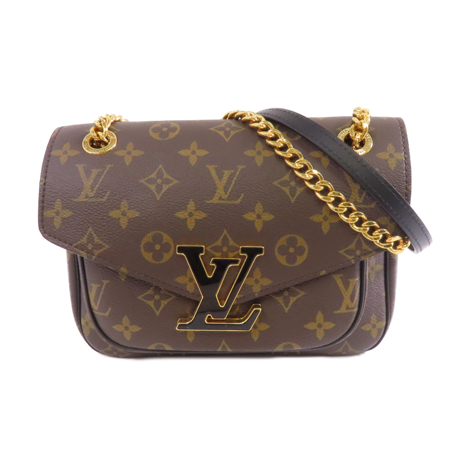 LOUIS VUITTON Monogram Passy金扣鏈帶肩背袋棕色
