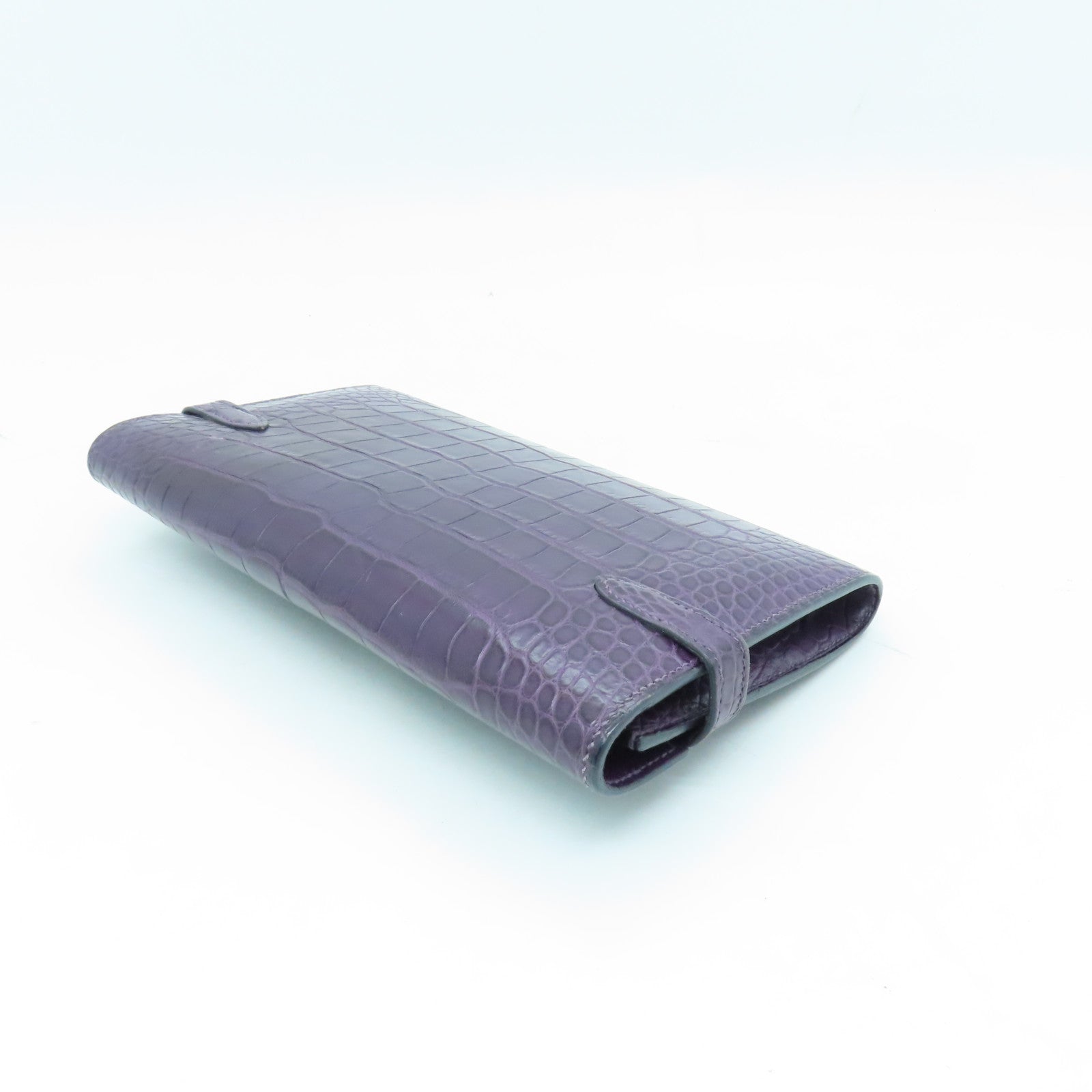 HERMES Alligator Mat Kelly Wallet Silver Buckle Long Wallet Beijing Purple