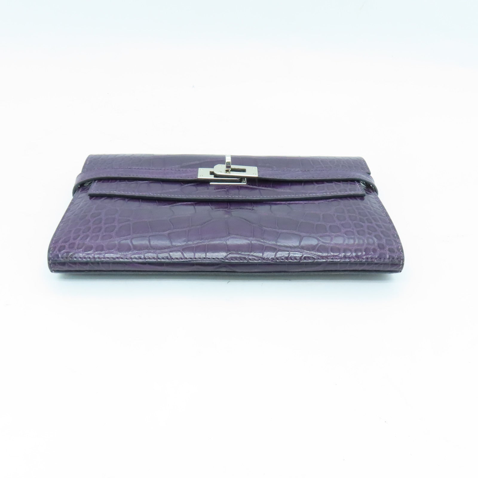 HERMES Alligator Mat Kelly Wallet Silver Buckle Long Wallet Beijing Purple