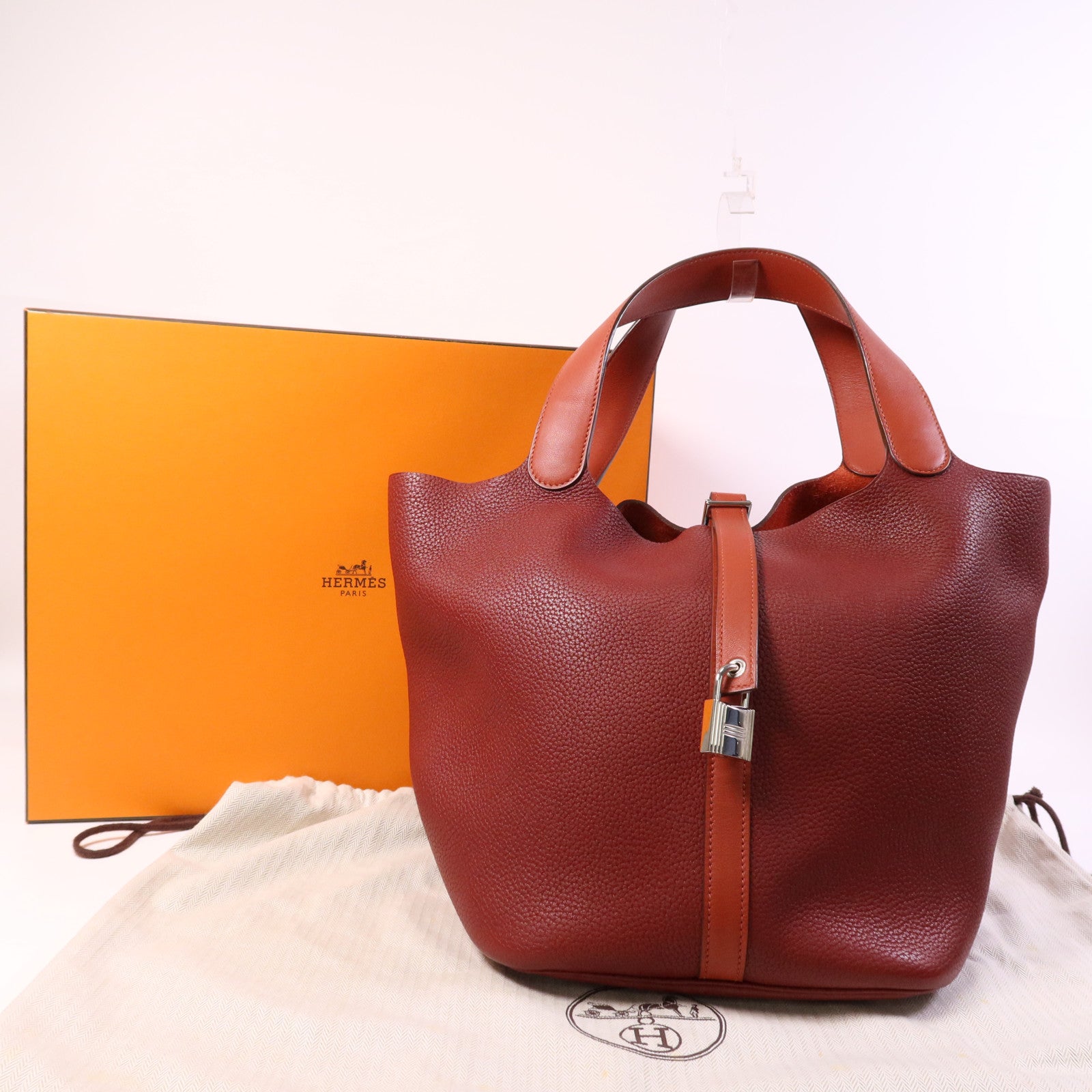 HERMES 【激減優惠】Clemence皮革Picotin GM銀扣手挽袋Rouge/Rouge Casaque