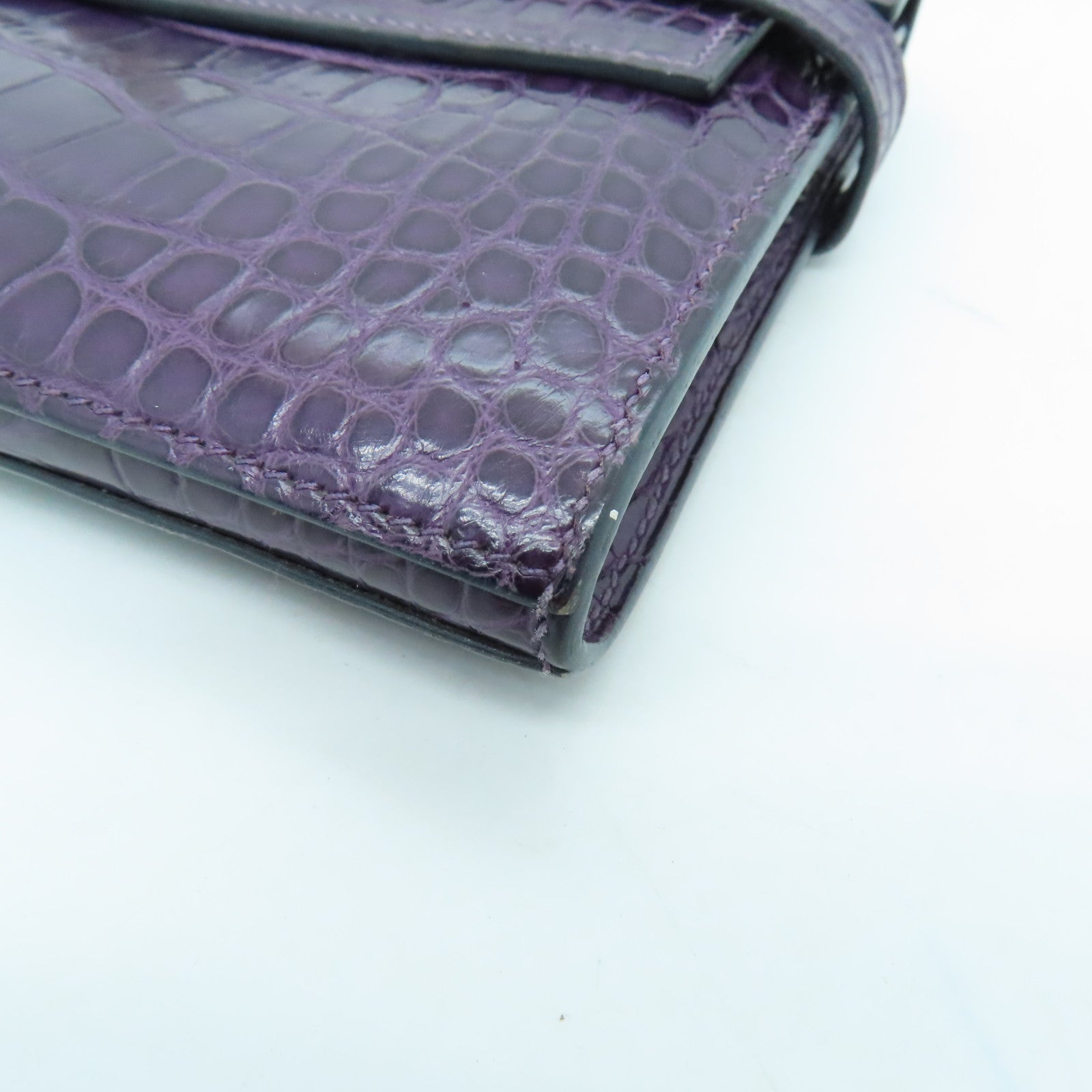HERMES Alligator Mat Kelly Wallet Silver Buckle Long Wallet Beijing Purple
